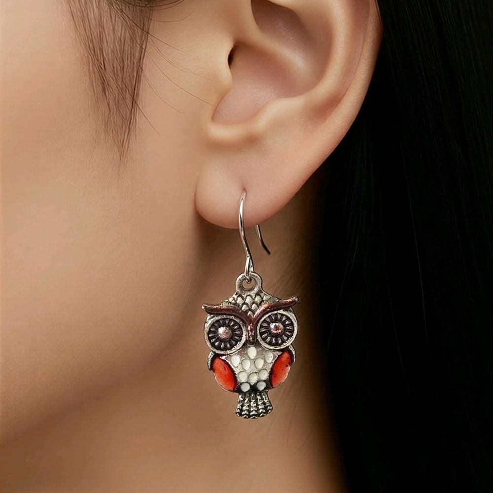 Owl Dangle Earrings Silver Red Enamel Shimmery Bird Charm Hook Drop Boho Nature